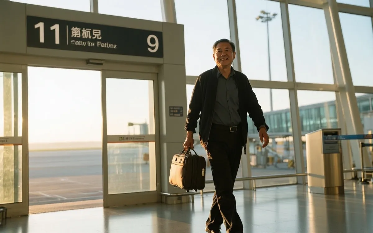 清晨机场登机口，一名持行李的中年男子平静候机，纪实瞬间